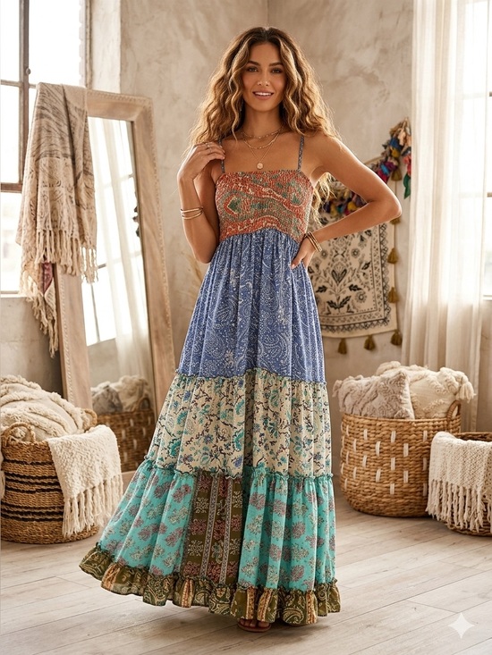 Karma Highway Dresses & Skirts - NWOT Smocked Boho Maxi Dress in Blue and Teal Patchwork